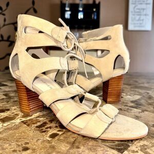 Marc Fisher Paradox Beige Suede Block Heels Sandals Gladiator Cage Lace Up